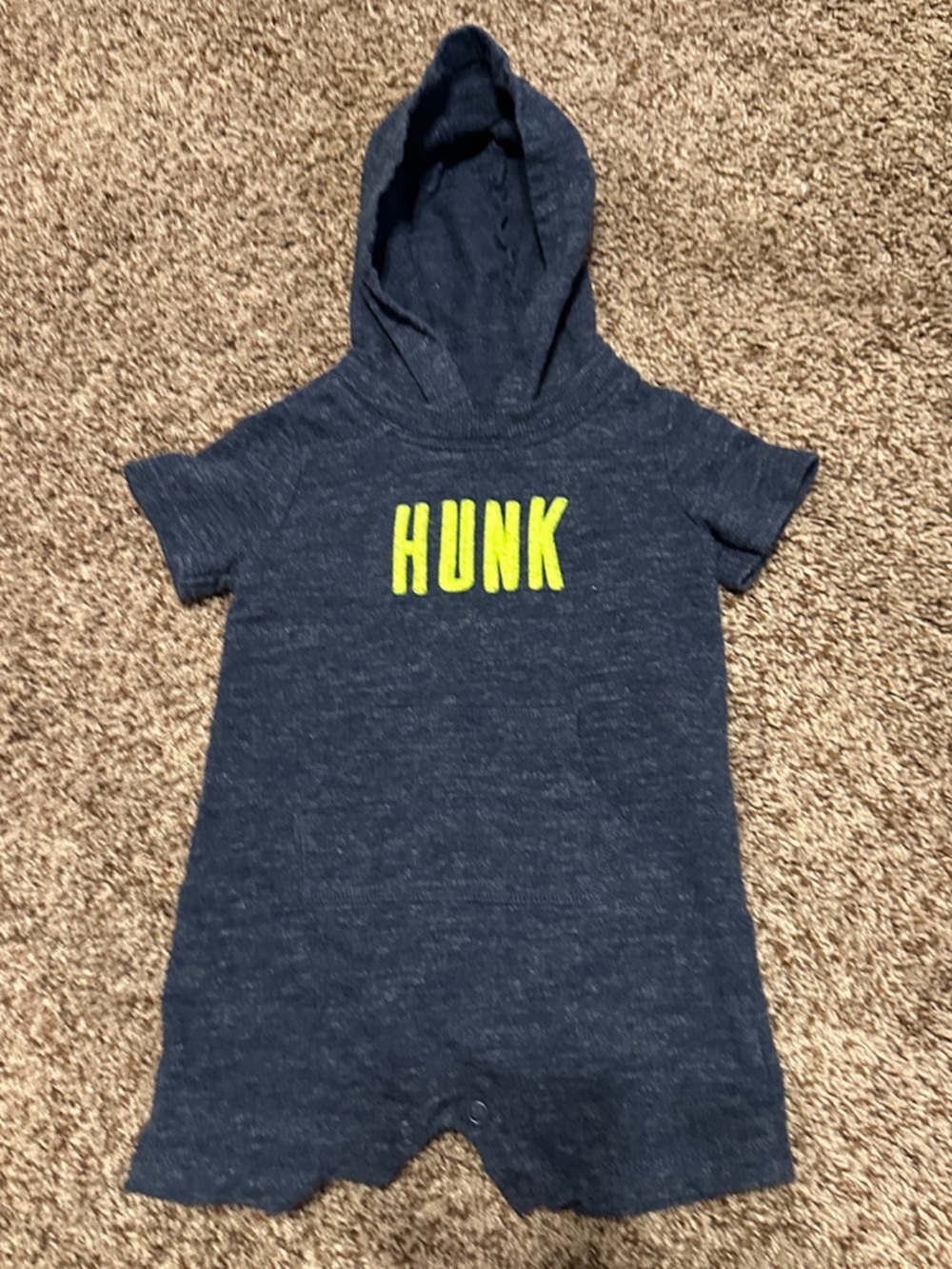 Carter's Navy Hooded Romper with Yellow 'HUNK' Text